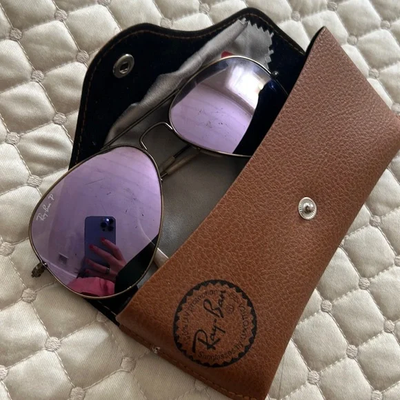 Ray-Ban Aviator Sunglasses with Purple Lenses and Brown Case Ray-Ban | Accessories | Rayban Polarized Aviator Sunglasses  main image 3